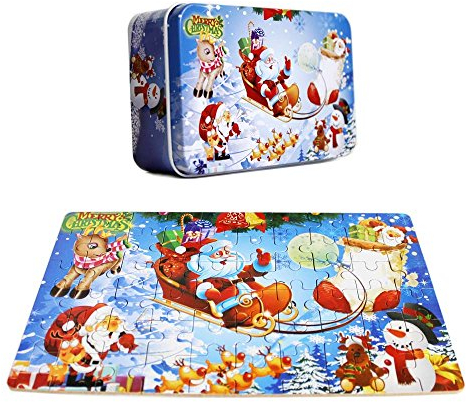 FunnyGoo 60pieces Colorful Wooden Santa Jigsaw Puzzle Merry Christmas Xmas Santa in a box great gift for kids