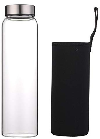 sunkey Glass Water Bottle 32 oz High Borosilicate with Neoprene Sleeve Leak Proof Lid Reusable Eco Friendly Bpa Free