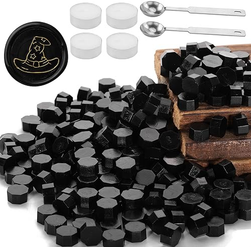 Black Sealing Wax Beads, Yoption 300 Pieces Octagon Wax Seal Beads Kit with 2 Melting Spoon and 4 Candles for Seal Stamp (Black)
