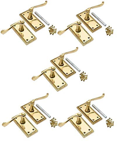Golden Grace Georgian Roped Edge Lever Latch Door Handle in Premium Polished Brass Finish, 5 Pairs - 107mm x 48mm