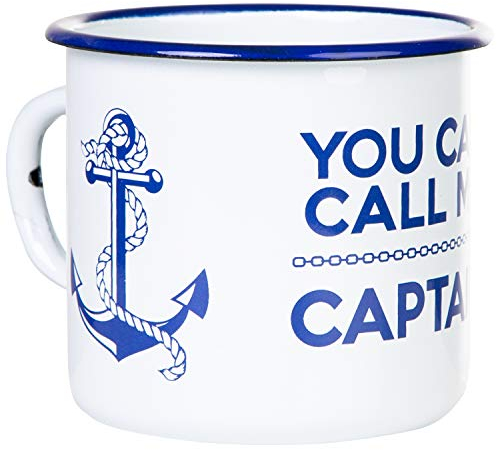 MUGSY I Emaille Tasse You can call me Captain - 330 ml Outdoor Tasse mit Spruch, bruchsicherer Emaille Becher | Weiß