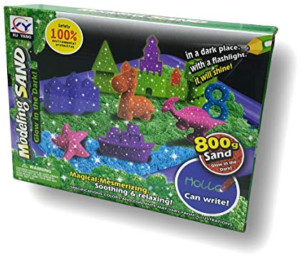 Phosphoreszierender magischer Sand zum Modellieren. 800 gr. 2 Farben. Mit 6 Dinosaurierformen und 8 marinen Tiermodellen. Inklusive Schaufel, Rechen und aufblasbarem Spielbrett.