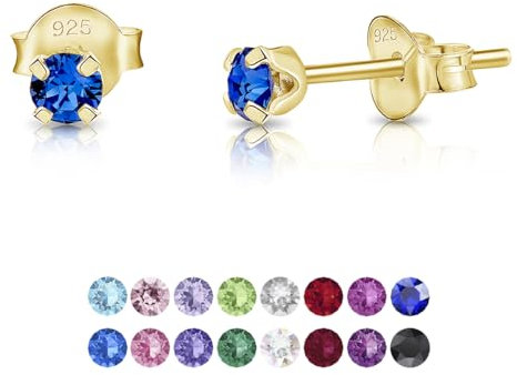 DTPsilver - * MINI * Boucles d'oreilles/Clous en Argent Fin 925 Plaqué Or Jaune et Cristaux de Swarovski® Elements Ronds - Diamètre: 3 mm - Couleur: Saphir Bleu