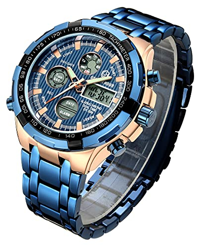 Fashion Mens Watches Stainless Steel Sport Chronograph Waterproof Date Alarm Multifunction Analog Digital Watch (Rose Gold Blue)