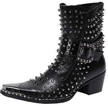 Wuf Stivali da cowboy, da uomo, in pelle, con borchie in metallo, da motociclista, Nero , 43 EU