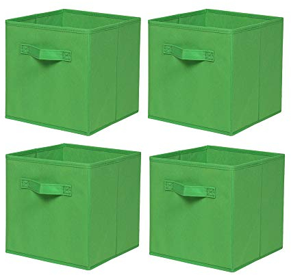 BonChoice Foldable Storage Cubes Boxes with Handle Pack of 4 for Home Organization, Fabric Wardrobe Storage Box Organizer Basket Bins for Clothes Beddings Toys Towels, Collapsible & Durable Green