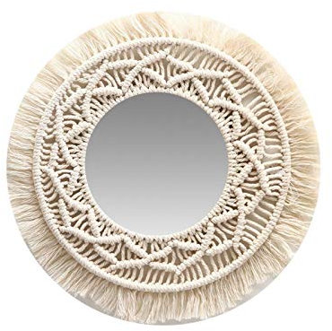 Luckxing Wandbehang Spiegel Makrames Rund Wand Spiegel, Hängender Wandspiegel Mit Makramee-Rand Kleine runde dekorative Boho Antiker Spiegel für Wohnung Wohnzimmer Schlafzimmer Baby Kinderzimmer