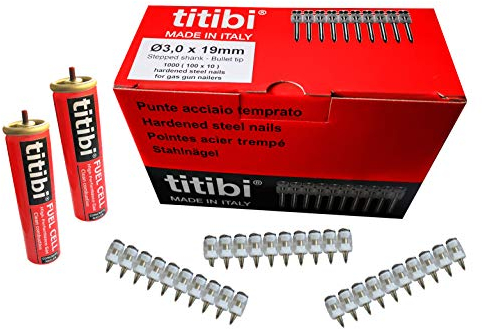 1000 CHIODI TITIBI Ø3,0 X 19mm, + 2 BOMBOLETTE DI GAS (GC11) COMPATIBILI CON CHIODATRICE A GAS HILTI GX100 (ADATTATORE NON INCLUSO, UTILIZZARE QUELLO DELLE BOMBOLETTE ORIGINALI) (Ø 3,0 X 19 mm)