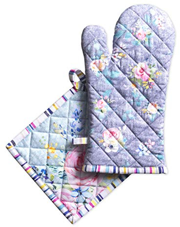 Maison d' Hermine Sweet Rose Lavender Ensemble de Gants de Four de (19cm x 33cm) et maniques de (20cm x 20cm), 100% Coton, pour grillades, Pâques