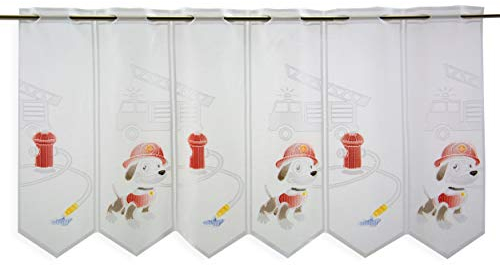 Scheibengardine Feuerwehr Hund Drehleiter | Höhe 50cm | Breite der Gardine frei wählbar in 15,5cm Schritten | Kinderzimmer Gardine | Panneaux multicolor | Bistrogardine |