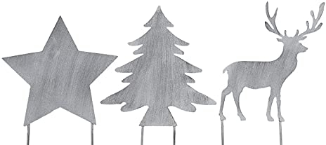 weihnachtlicher Deko-Stecker Garten-Stecker 3 Motive Stern-Hirsch-Tanne Sortiert Preis für 3-er Set Metall hellgrau