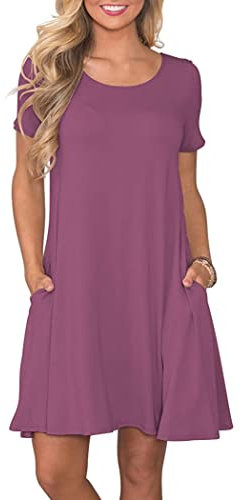 AUSELILY Vestidos Verano Mujer Vestido T-Shirt Casual Manga Corta con Bolsillos Malva M