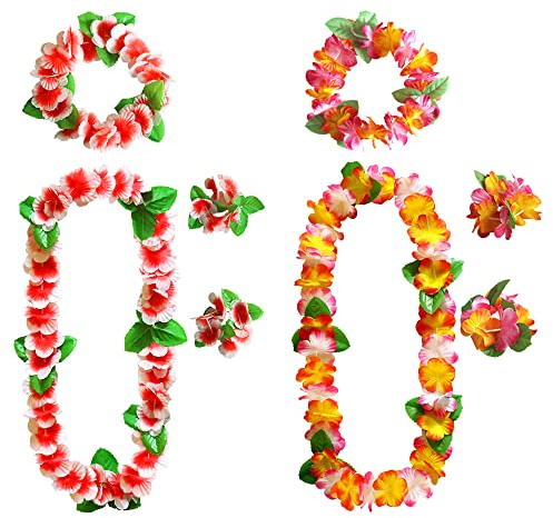 AWCIGG Ensemble de Colliers de Fleurs Hawaïennes avec Collier, Bandeau et Bracelet Hawaïens, Collier Hawaien avec Feuilles Vertes, Fournitures pour Fêtes D'été sur la Plage(Rouge Orange Rose)