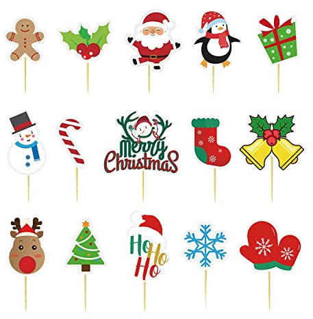Trimming Shop Palitos de cóctel de Navidad, palitos de cóctel, Palillos de Peluche, Copos de Nieve, Papá Noel, Cascabel, Campana, decoración de Pastel para Suministros de Fiesta de Navidad, Recuerdos