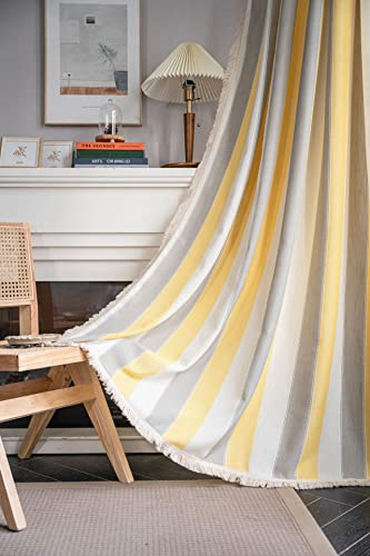 SASIGAYA Gestreifte Gardinen 132×244cm Landhausstil Vorhänge Verdunklungen Bauernhaus Vorhang Boho Vintage Quasten Vorhänge mit Gelb Streifen Muster 2er Set für Modern Küche Schlafzimmer Wohnzimmer
