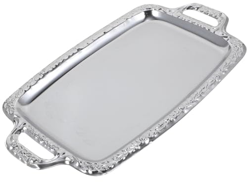 Silver Oblong Serving Platter - Stainless Steel European Style Coffee Table Tray with Handles - Bathroom Organizer & Kitchen Vanity Tray