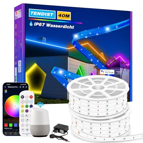 TENDIST Aussenbereich LED Streifen 40M, WiFi Led Strip Wasserdicht, RGB IP67 Outdoor LED Band Kompatibel mit Alexa, Siri und Google Home, Lichtband Außen für Balkon, Pavillon Beleuchtung