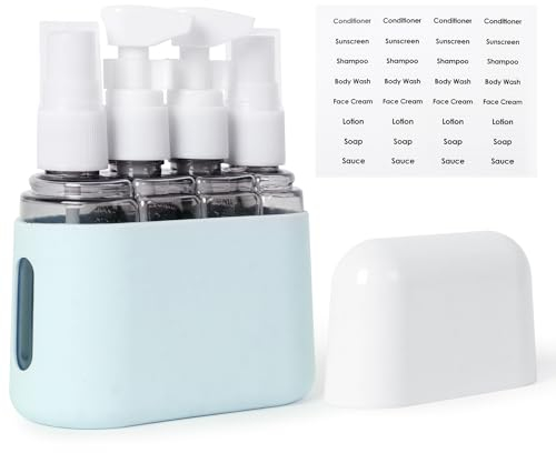 Niuoppy 4 in 1 Travel Bottles for Toiletries, 50 ML Squeeze Bottles Spray Bottles with Labels and Storage Box, Travel Bottles Set for Toiletries, Shampoo, Cosmetic, Shower Gel (Light Blue)