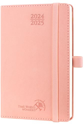 POPRUN Taschenkalender 2025 Klein (Aug.2024-Dez.2025) Softcover mit PU-Leder, ca. A6 (16 x 10,5 cm), Kalender 2025 Klein - Terminplaner 1 Woche 2 Seite mit Stiftschlaufe - Rosa