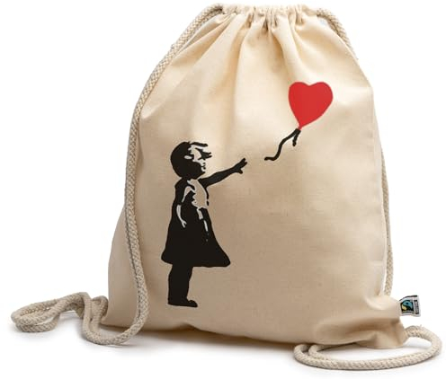 rainUP Banksy Rucksack für Mädchen mit Ballon, 100 % Bio-Baumwolle, robust und bequem, ideal für Einkaufen, Reisen, Fitnessstudio, Paddel, Trekking, beige