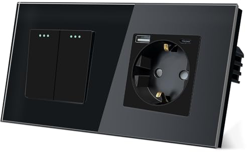 TAWOIA Lichtschalter mit Steckdose 2 Fach 1 Weg Glas Platte Unterputz Taste Schalter mit Schuko Steckdose mit(MAX.20W) USB and Type C Schwarz 86 * 157mm Wechselschalter