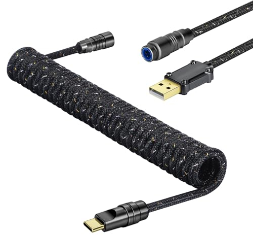 MAMBASNAKE C05 Câble USB C Aviator Enroulé Personnalisé pour Clavier de Jeu, Nylon Tressé, USB-A vers USB-C, Câble de Clavier Mécanique Spiralé avec Connecteur d'Aviation en Métal CNC, 4.92ft - Noir