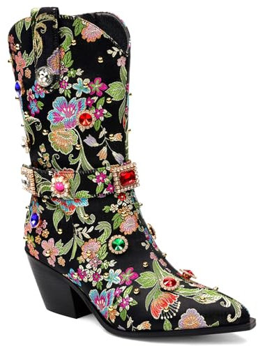 LOCERICH Women Rhinestone Cowboy Sparkly Cowgirl Boots Diamond Western Floral Embroidery Mid Calf Booties, Black, 6.5 UK