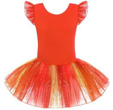 Arshiner Children's Ballet Clothing Girls Sequin Dress Short Sleeve Suit With Shiny Tutu Skirt Ballerina Outfits Orange 130