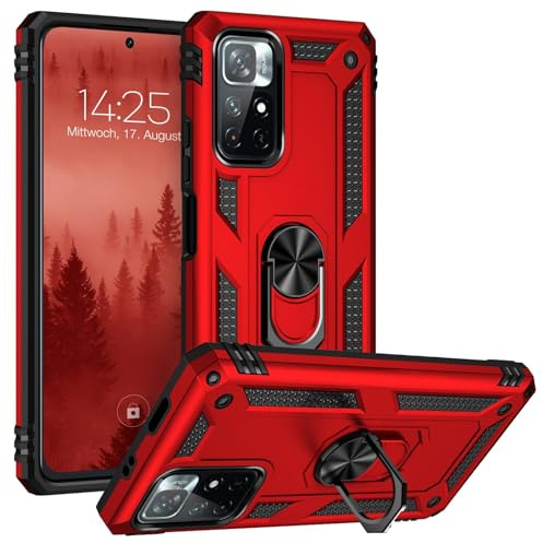 LBH Outdoor Hülle für Xiaomi Redmi Note 11 / 11S Armor Militär Stoßfest Handyhülle 360 Grad Metal Ring Halter Ständer Schutzhülle für Handyhalterung Auto Magnet Rot