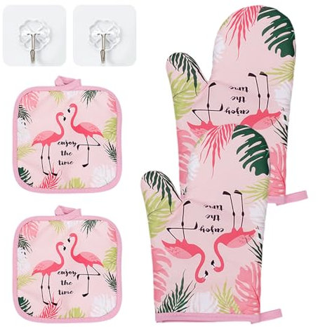 2 Pieces Gloves, 2 Pieces Insulation Pads, 2 Pieces Hooks, Flamingo Decoration, Cooking Gloves, Oven Mitts