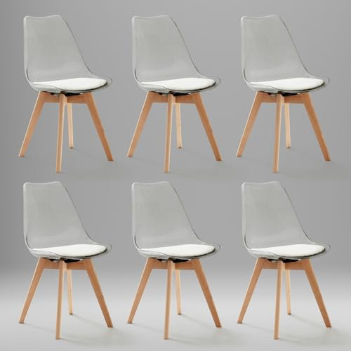 JZGORC 6er Set Esszimmerstuhl, Gepolsterter Esszimmerstuhl mit Transparenter Rückenlehne, Moderner, Einfacher Esszimmerstuhl, Küchenstuhl mit Buchenbeinen – weißes PU-Leder