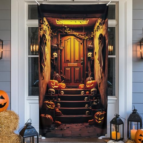 Halloween Dekorationen Tür, Halloween Tür Banner, Keller Treppentür Abdeckung, Gruselige Tür Hintergrund Banner Dekoration, Großer Stoff Tür Hintergrund für Indoor Outdoor Party Supples 185 x 90 cm