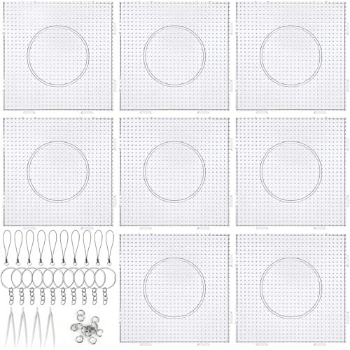 ChAusa 42 PCS 5 mm Fuse Beads Boards Set 8 Pcs Large Square Clear Bead Board with 4 Tweezers 10 Lanyard Keychains and 10 Split Rings for Kids DIY Craft Supplies