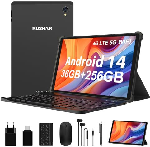 RUSHAR Tablet 10.4 Pulgadas Android 14 con 36GB RAM+256GB ROM (2TB TF),Tablet 4G LTE+5G WiFi,Octa-Core 2.0GHz,INCELL 2000 * 1200,8000mAh,13MP+8MP,Tablet con Teclado etc,GPS/Bluetooth,Negro