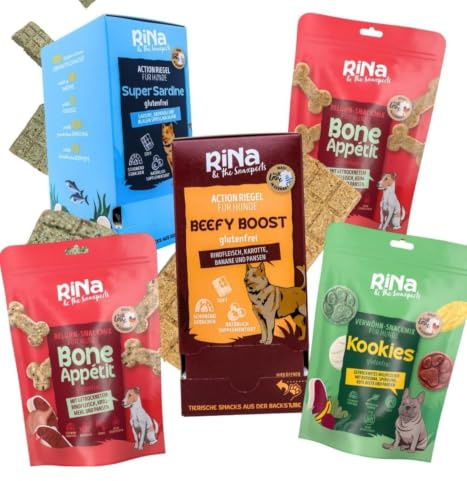 RiNa Probierpaket Hundesnacks glutenfrei und Soft gebacken, 5 Sorten | Super Sardine, Beefy Boost, Bone Appetit und Kookies, ohne künstliche Zusatzstoffe, für sensible Hunde, proteinreich