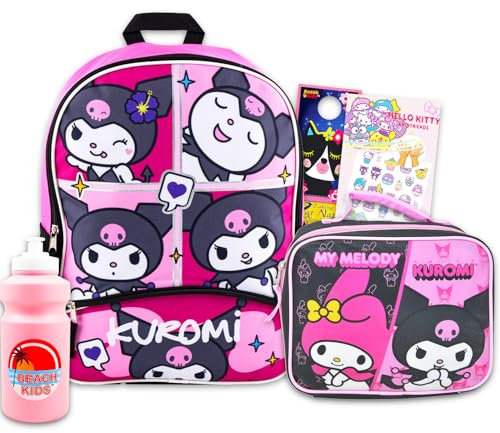 Kuromi - Juego de mochila con lonchera – Paquete con mochila de 16 pulgadas, bolsa de almuerzo My Melody, botella de agua, tatuajes, más | Juego de mochila Kuromi and My Melody para niñas, Varios