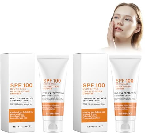 Lotion Solaire SPF 100, 2Pack, Sunscreen, Crème Solaire Visage et Corps Haute Protection, Résistante à l'Eau, Texture Légère Non Grasse, Convient à Tous Types de Peau, Prévention des Coups de Soleil