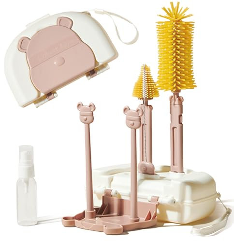 6 in 1 Baby Bottle Brush Set, Travel Bottles Cleaner Kit with Foldable Bottle Drying Rack, for Visit Friends and Relations, Baby Travel Essentials