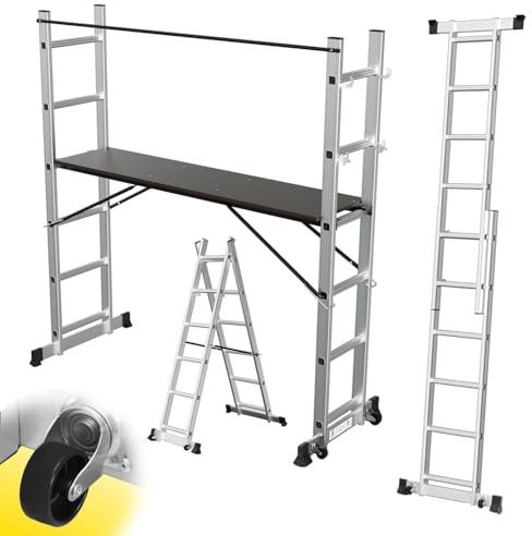 ISOISL gerüst, 4-in-1 Multifunktionsleiter max 271cm,Mehrzweckleiter 2x6 Sprossen,Vielseitiges Baugerüst,Fahrbare Arbeitsbühne Bis zu 150 kg belastbar,Silber