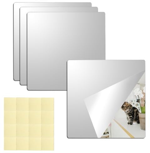DBOO Self Adhesive Acrylic Mirror Tiles - 4pcs Shatterproof 20x20cm Sticky Mirror Sheets for Walls, Wardrobe Doors & Home Decor (2mm Thick)
