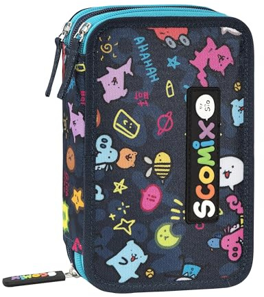 COMIX Scomix by Sio - Astuccio Scuola, Astuccio 3 Scomparti per Bambini e Ragazzi, con Set Cancelleria Incluso, 5 Etichette Adesive Portanome e Pratiche Chiusure a Zip, 20 x 13H x 7 cm, Blu