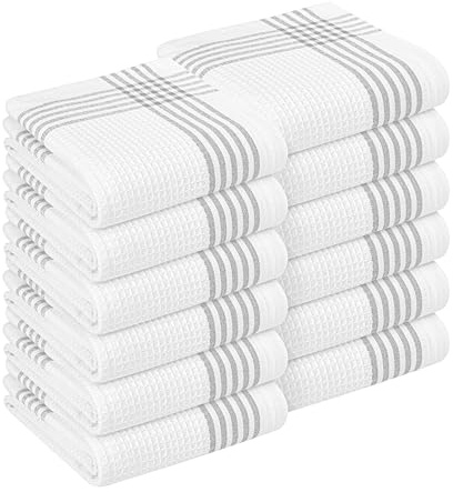 HEIRLOOM COMFORT Asciugamani da cucina in cotone grigi e bianchi, confezione da 12, 40x66 cm, a nido d'ape, ad asciugatura rapida, assorbenti, durevoli per asciugare, pulire, cucinare, uso quotidiano