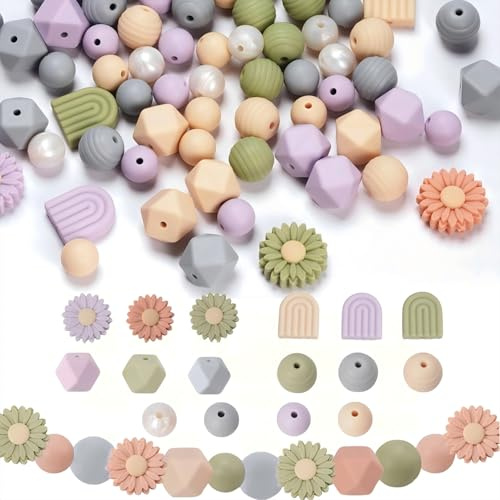 Duscdesp 112 Stück Silikonperlen Blumenperlen Set, Rubber Lose Gänseblümchen Regenbogen farben Silikon Perlen Bulk mit Nylonseil für DIY Fädelperlen, Schlüsselanhänger Basteln, Armband (Hellviolett)