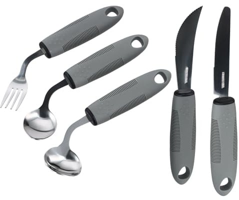 Set de Cubiertos Parkinson para Personas Mayores, 5 Piezas Adaptive Eating Utensils, Antideslizante Cubiertos Easy Grip Acero en Inoxidable para Ancianos, Artritis, Parkinsons y Discapacitados