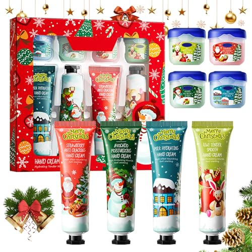 8 Stück Weihnachts Lippenbalsam Handcremes Set, Weihnachten | Pflegende und Feuchtigkeitscreme Handcreme, Weihnachtsgeschenke, für Trockene & Rissige lippen & Hände, Frauen und Männer