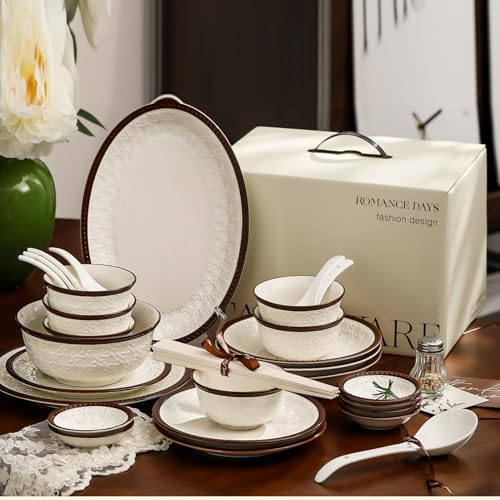 34 Pieces European-Style Dinnerware Set for 6, Luxury High-End Porcelain with Dinner Plates, Rice Bowls, Spoons, Chopsticks, Dishwasher/Microwave/Oven/Disinfection Cabinet Safe, Family Use