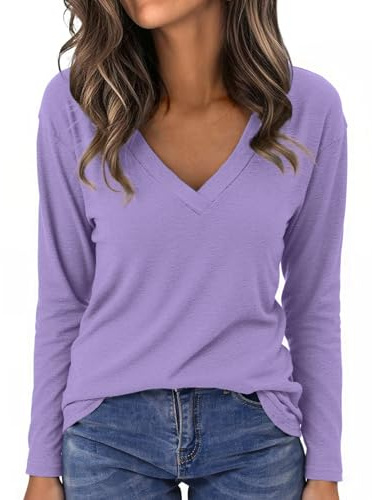 Aottori T-Shirt à Manches Longues Femme Col V Chic élégant Lâche Haut Décontracté Tee Shirt Tunique Basic Top Tshirt Violet M