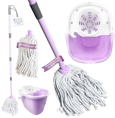 Floor Mop and Buckets Set Cotton String Mop & Bucket Set 13L Capacity Wringer, Cleaning Floors for Kitchen, Bathroom Home Cleaning - Lilac