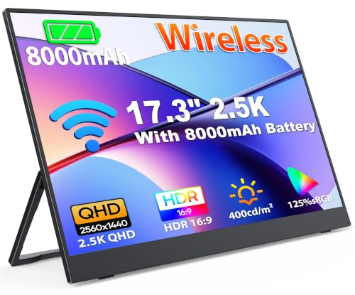 MAGICRAVEN Wireless Portable Monitor 8000mAh Battery, 17.3 2.5K Laptop Screen Extender FHD 1080P Portable Screen with Speakers/VESA, Second Screen for Laptop/PC/Phone/Games, Support AirPlay/Miracast