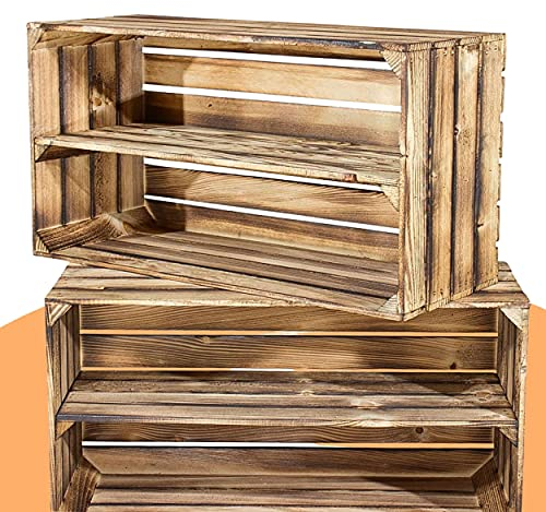 2 große geflammte Holzkisten mit Mittelbrett für Schuh und Bücher - flambierte Obstkiste mit Ablage - Schuhregal Bücherregal Obstkistenregal Regal Regalkiste 68x40x30cm